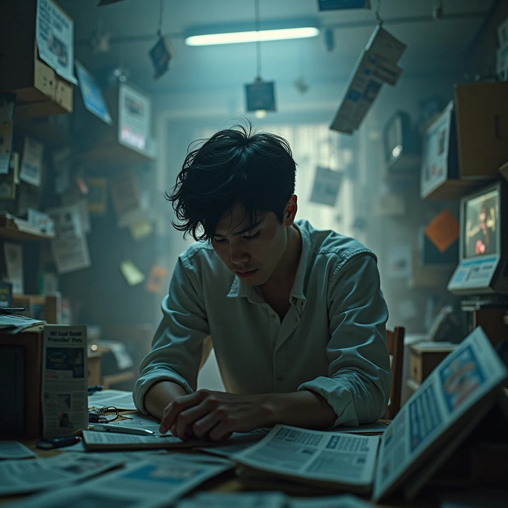 Sad and stressed young man surrounded by messages and news