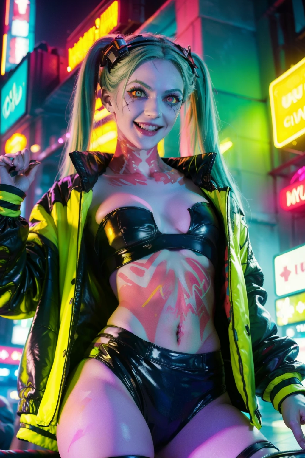 SFW. Rebecca, 1girl, young girl, 18 years old , futuristic cyberpunk, lewd grin, (twin tail, hairband, colored sclera, red sclera, green hair, green pupils, fang, red eyes, wearing a little sexy clothes, black croped jacket ), ((skinny body)) , in dynamic fight pose, ((psycho face, creppy smiling)) cinematic, ultra highly detailed, beautiful details, vivid, saturated colors, filigree detailed, tiny details, pop surrealism, cowboy shot. hyper-realistic style, highly detailed textures, reflective and glossy surfaces, cinematic lighting, neon lights reflecting off her skin, urban cyberpunk cityscape in the background, (vivid colors), (high contrast), (sharp focus), (bokeh effect in the background), (moody atmosphere), (digital painting style), (masterpiece: 2), best quality, ultra highres, original, extremely detailed, perfect lighting