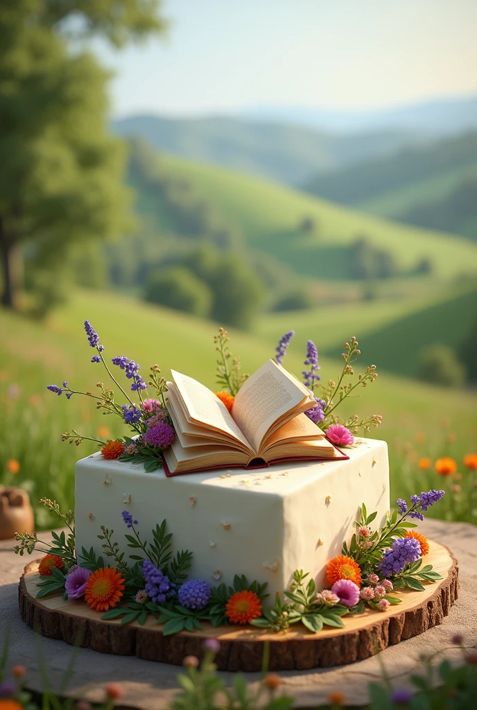 A rectangular, single-tier cake decorated with wild flowers and foliage, Celebrating the first anniversary of a country church. Background with hills and trees and above a small open bible