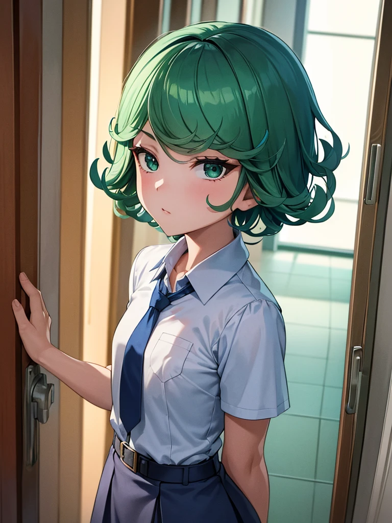 (high res, 8K, masterpiece, looking at viewer, best quality, very aesthetic, ultra detailed, ultra background, ultra Eyes) intricate details, 1girl, Tatsumaki, short sleeved white shirt, Light Blue Gray short skirt, Pockets on the left chest, Blue Gray tie, Wearing a belt, green short hair, green eyes, Normal Face, Staring at the camera, Background School Hallway, Cinematic Angle