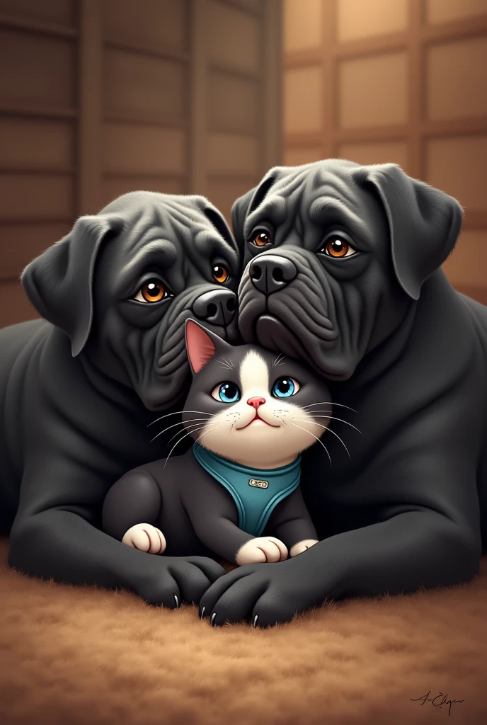 create a picture, where there is a cat with two dogs. The cat has a white belly. Der Rücken ist aber schwarz und der Kopf von der Katze ist auch schwarz aber this cat hat ein weißes Herz in der Mitte von dem Gesicht. The dogs both have grey fur the breed of the dogs is Cane Corso close of the dogs has brown eyes, and the other dog has blue eyes, this cat, cuddles with the two dogs, and the dogs are significantly larger than the cat. The cat has green eyes. The dogs both have dark grey fur. The dogs are much bigger than the cat. One dog has blue eyes and the other dog has brown eyes. The dogs are Cane Corsos. The cat is wearing a blue harness.