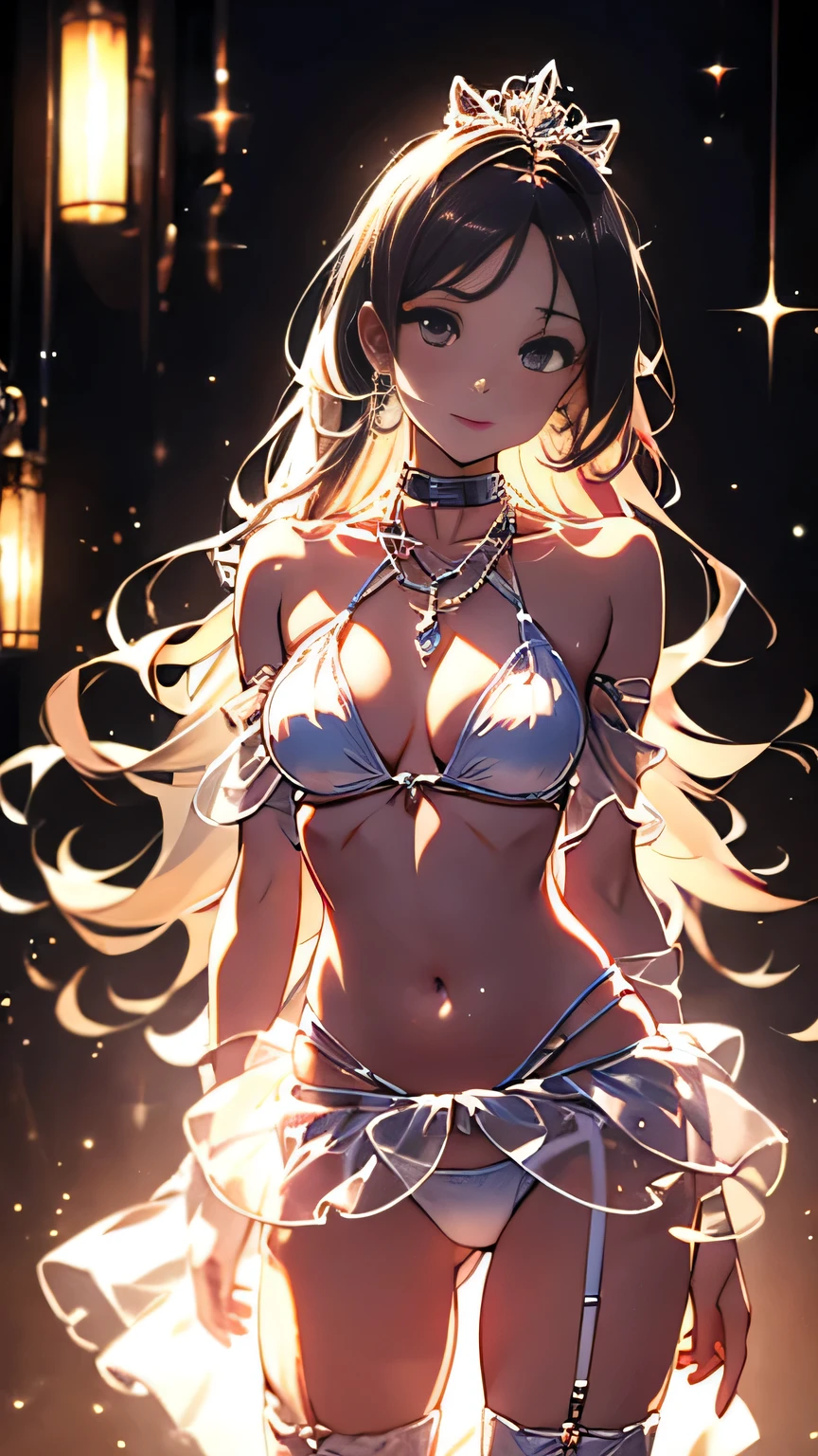 Highest quality、Ultra high definition、8k、One slim woman、Wearing chains as ornaments all over the body、Small breasts、Slim body、Thin thighs、Seductively posing in an erotic manner、Thin and delicate chain belt、Cowboy Shot、Ultra high definitionな目、Shining brightly、white large ruffled bikini bottom、skirt-type bikini、living room、Wearing a lot of ribbon garter rings, necklaces, bracelets, and hair ornaments