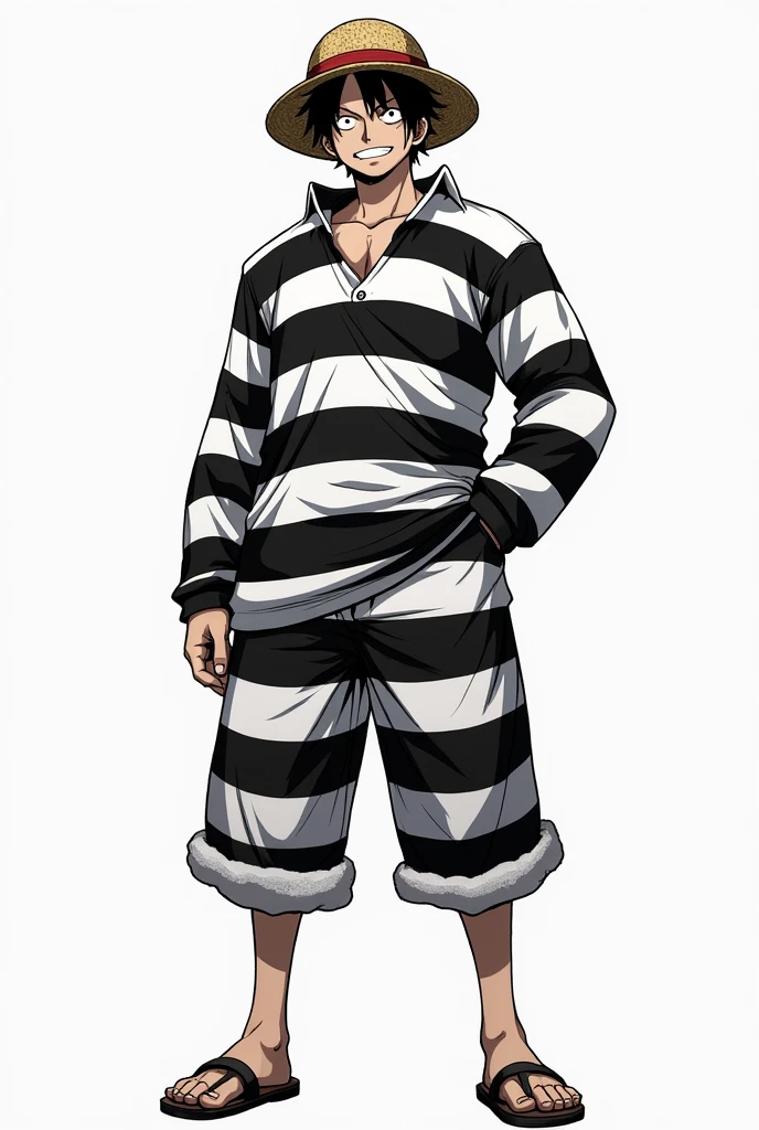 Monkey D. Luffy full body with black and white striped long sleeve prison uniform Original anime One Piece 