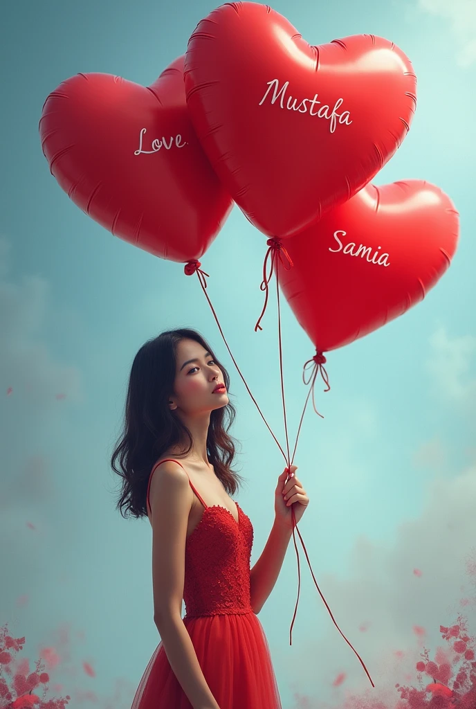 The Three red Hearts ballon in the hand of a stylish girls with blue purpule background the first one write love and Second MustafaAnd Third Samia