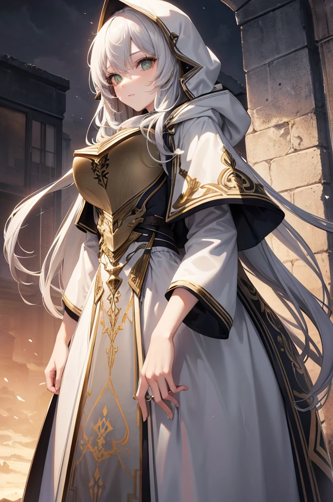 4K,highest resolution,a woman,Cream colored hair,long hair,green eyes,sisters,Gray Divine Armor,gray hood,setting sun, gray robe