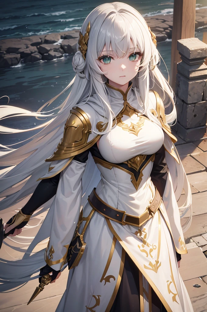 4K,highest resolution,a woman,Cream colored hair,long hair,green eyes,sisters,Gray Divine Armor,gray hood,setting sun, gray robe