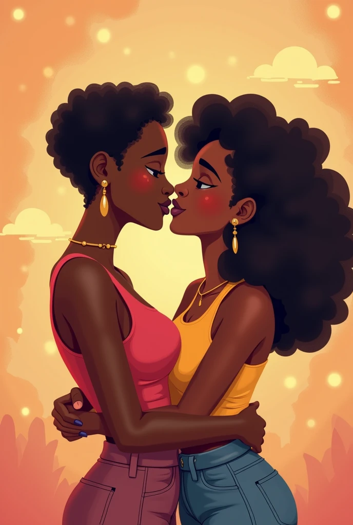 Couple of young black lesbian women, one thin, short hair, tomboy style, and the other with long curly hair, light skin, fat, hugging, kissing, cartoon