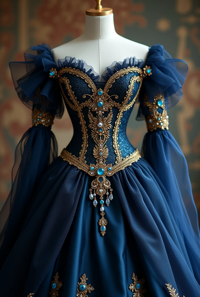 Generates the image of a Victorian and Gothic style 15th birthday dress, Navy blue with gold applications, the skirt that has many layers of tulle in different shades of dark blue, that in these there are different applications in gold such as stones and flowers, gold lace on the edges of some of these, The neckline of the dress is heart-shaped., It has several small stones in the east that make the shape of the bust stand out, also around the entire corset and has more gold stones and a large central one at the lower tip of the corset, On the sleeves they are like fallen tulle and have several blue stones hanging from them (The theme is a masquerade ball so the dress must be very stunning., glamoro, without losing elegance and without looking too rough)