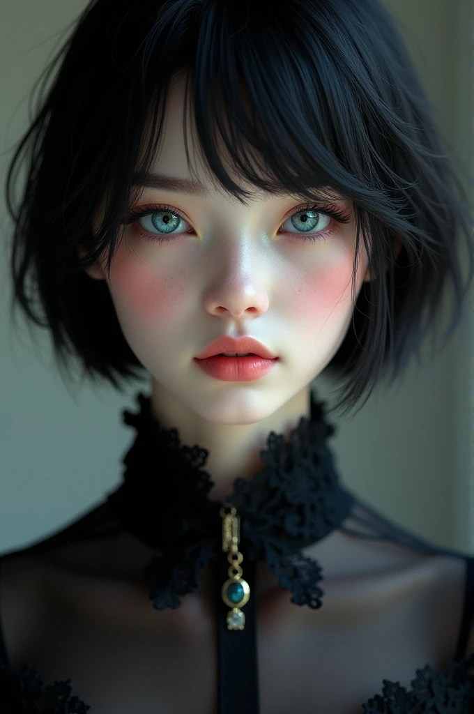 A girl with short black hair and blue eyes, pale and soft skin with pink features, black and elegant clothes 