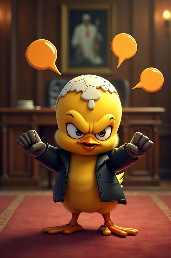 Calimero with an angry attitude, in an aristocratic office, with registered in a chat bubble Shield Shield Shield