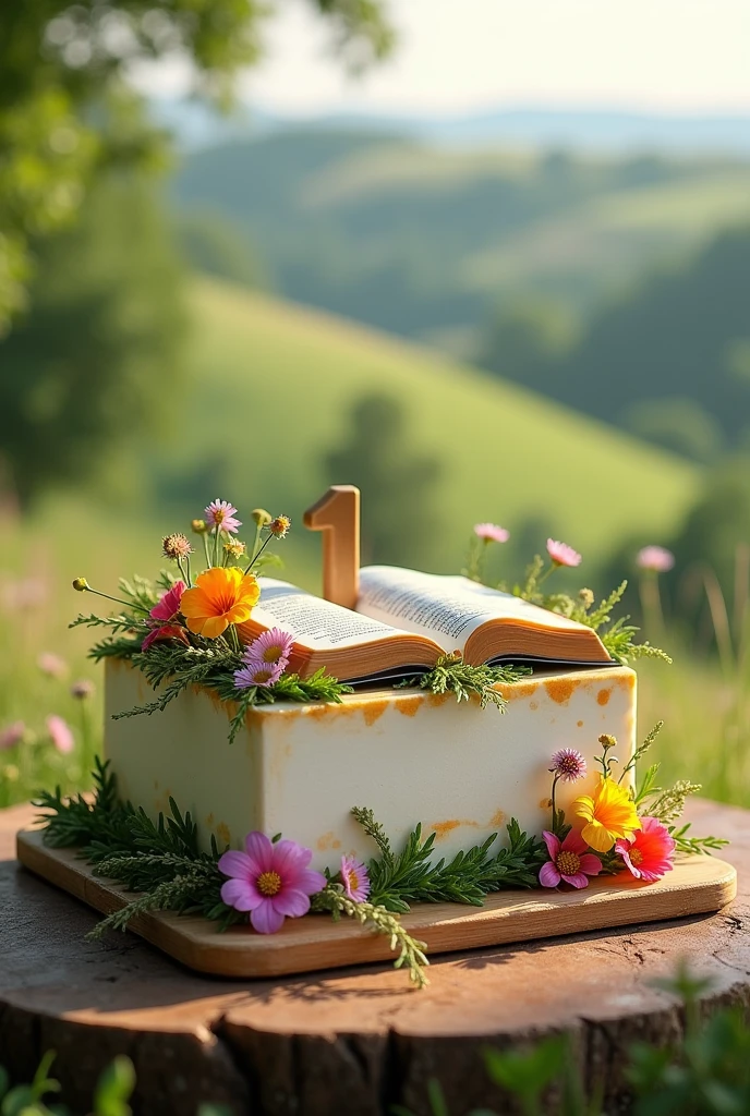 A rectangular, single-tier cake decorated with wild flowers and foliage, Celebrating the first anniversary of a country church. Background with hills and trees and above a small open bible