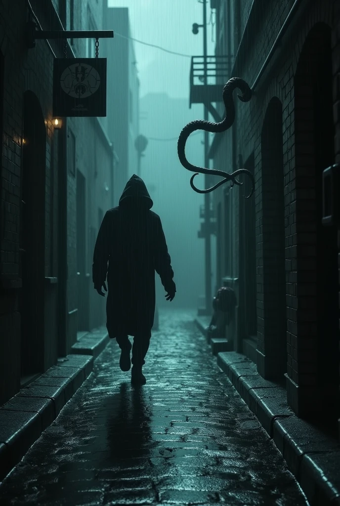 A dark alley on a gloomy,  and mysterious night, a floor made of wet cobblestones, with gutters running accumulated rainwater, a slightly torrential rain, someone with a hooded case distancing himself with steps of escape from something that is lurking around him, intricate, realistic, a blurred image of escape movements, nebulous and mucusy and twisted tentacles appearing in the corners of the mysterious street.