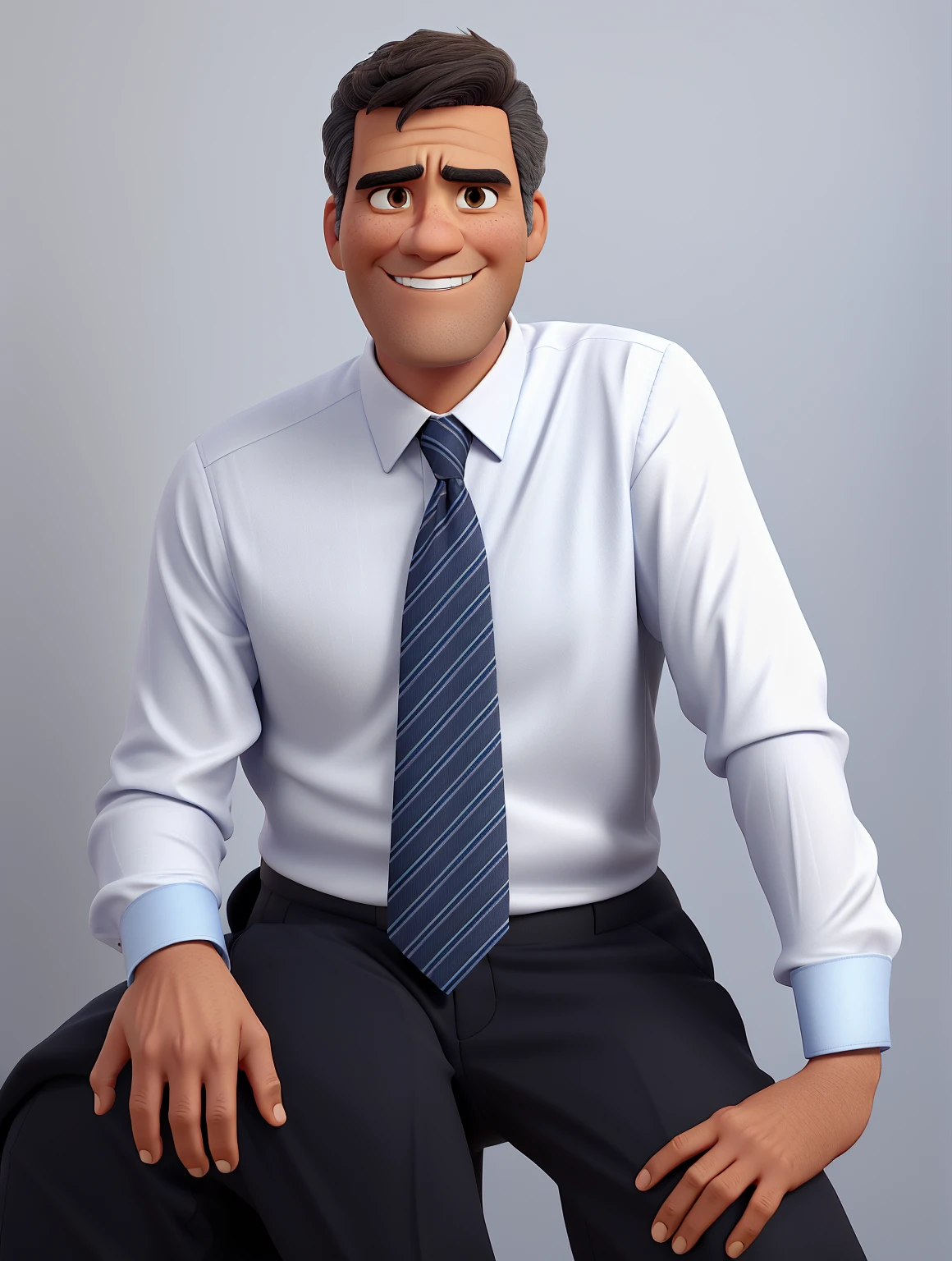 Create a Pixar-style 3D character inspired by Jorge, a man in his 50s, with short dark hair, levemente grisalhos nas laterais, and light brown skin. Your face should display a sincere and welcoming smile.. Dress it up with a long-sleeved white dress shirt, a striped tie in shades of blue and gray, black dress pants and a dark blue jacket that he holds with his right hand. He must have an upright and confident posture, with an expression of determination and empathy, reflecting his experience as a Tax Auditor and his values of justice and integrity. The background should be black to highlight the character, which should have soft features and expressive eyes in the Pixar style.