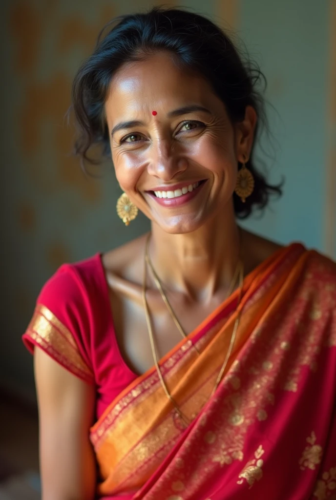 Indian young mom age 42 wearing saree with beautiful smile 