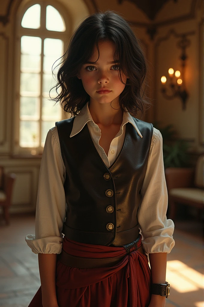 Une fillette en veste en cuir et en jupe en cuir dans un manoir.