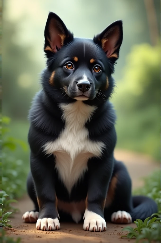 Medium female dog, black color, big-eared, white chest and white legs 