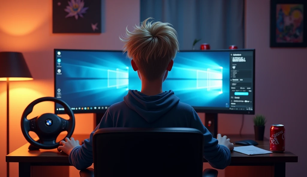 Generate an image: Im Stil von Pixar 3D-Animations-Filmen. young man, short blonde hair, View from behind. he sits in front of a gaming PC with two monitors and is engrossed in writing. On the table is a BMW steering wheel and soft drink cans. The room is dark.
