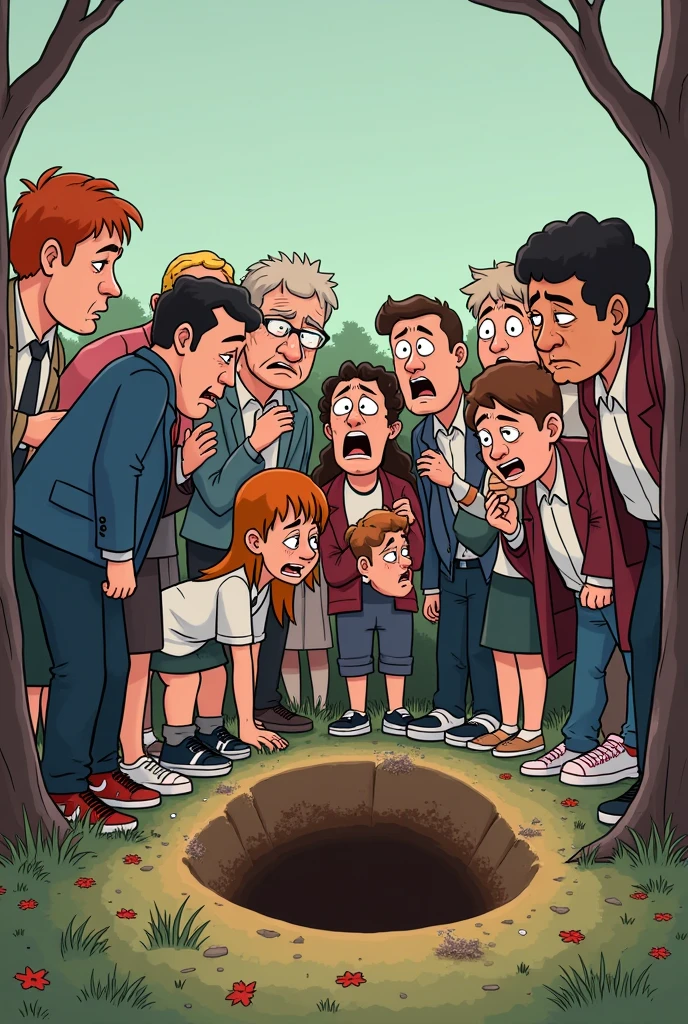 People around a grave crying laughing and others confused in cartoon