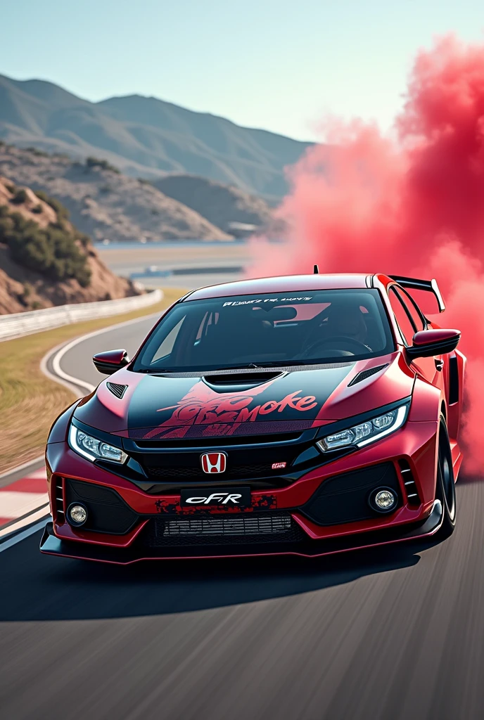 EFR Smoke, Black and red Honda CIVIC Type racing in Laguna Seca, the writing EFR Somoke highlight in red