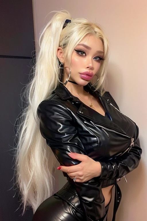 1 girl, simple background, Beautiful face, blonde hair, Cute, bimbolips, huge dimples on the lips, cheekbones, selfie, bang, high ponytail, blonde, Eyeliner, eyeshadow, in room, one hand selfie, necklace, earrings rings, head tilt, in a leather jacket