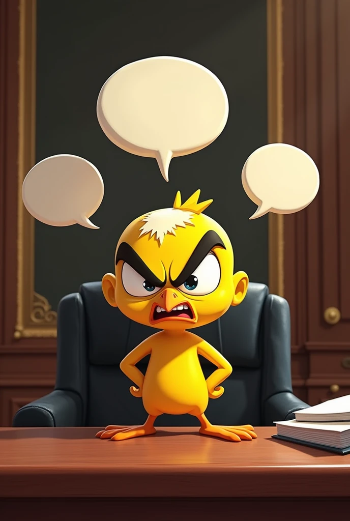 Calimero with an angry attitude, in an aristocratic office, with registered in a chat bubble Shield Shield Shield