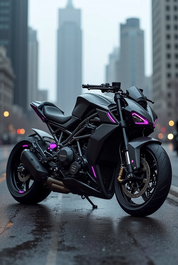 Create a motorcycle with black colors, gray and purple