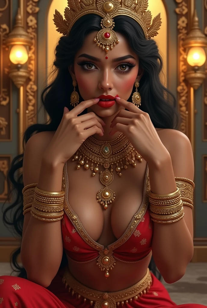 a bindi in the center of the forehead, beautiful royal temple, jewelry, gem, necklace, gold bracelet, anklets, thick lips, hands on lips, skindentation, lips half-open, (detailed eyes), (seductive pose), ulzzang-6500-v1.1, (large breasts:1.2)