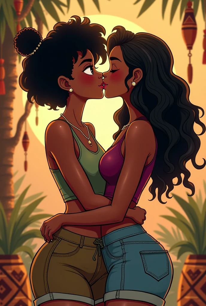 Couple of young black lesbian women, one thin, short hair, tomboy style, and the other with long curly hair, light skin, fat, hugging, kissing, cartoon, Zulu tribe