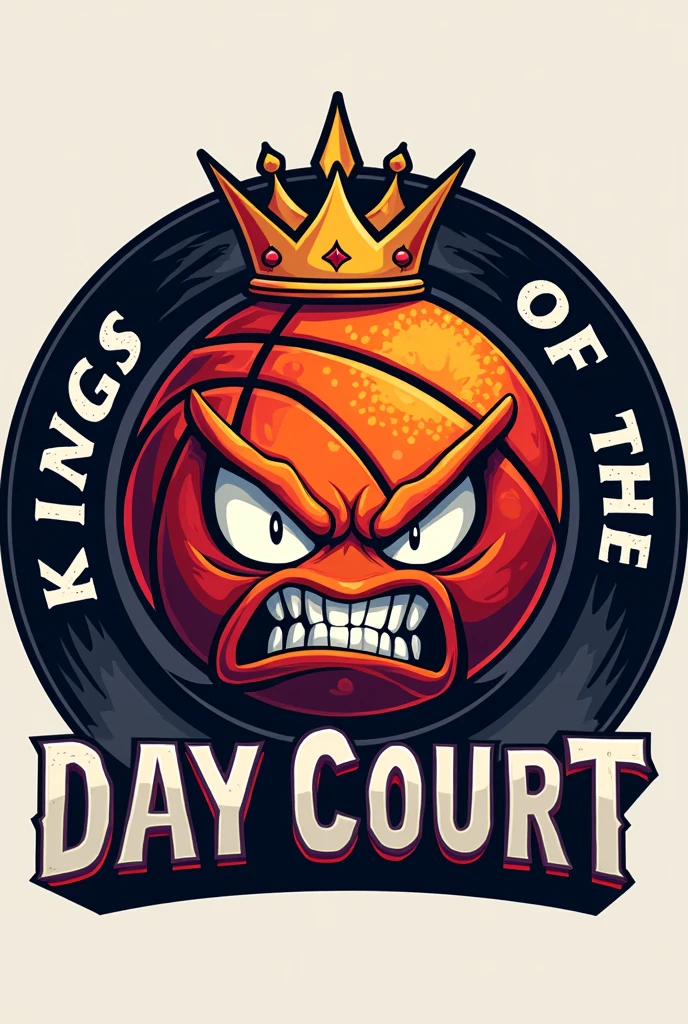 A logo with the writing "kings of the court" around a cartoon style basketball with a crown and an evil face