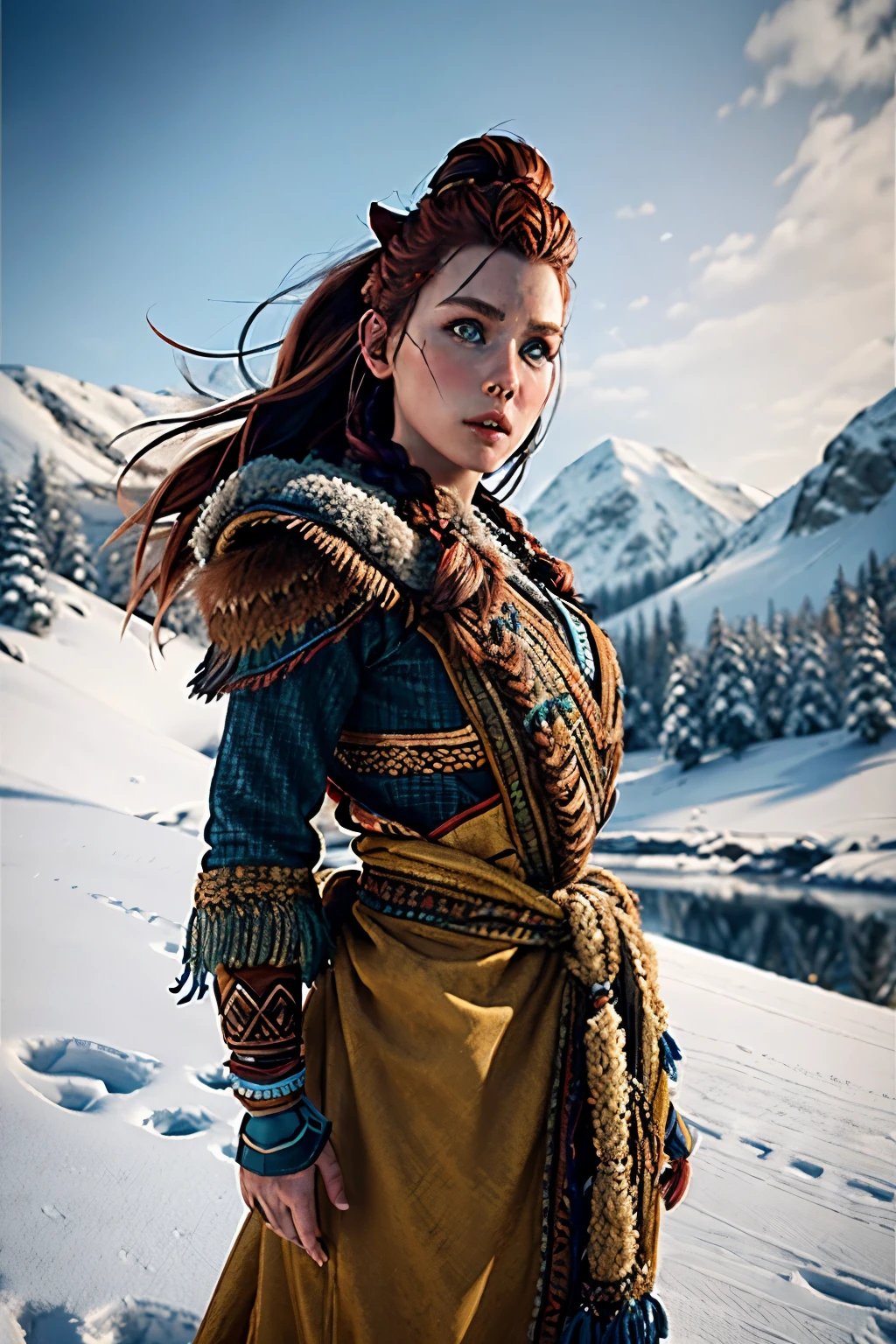 aloy full body, russet hair, with bow on the back, blue colored eyes, tribal clothing, I a snowy mountain, high resolution, super detaill, 8k. Overview