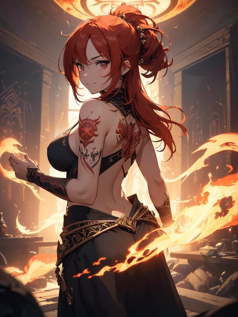 (((best quality, sharp image, clear image, cinematic lighting, 8k resolution, masterpiece, ultra detailed, intricate))) Girl, (((looking over left shoulder))), (shot from behind), fire mage, ((intricate background)), ((chaotic background)), red hair, smiling, ((flame runes, flame sigils)), (tatoo on back), slim figure, flying sigils