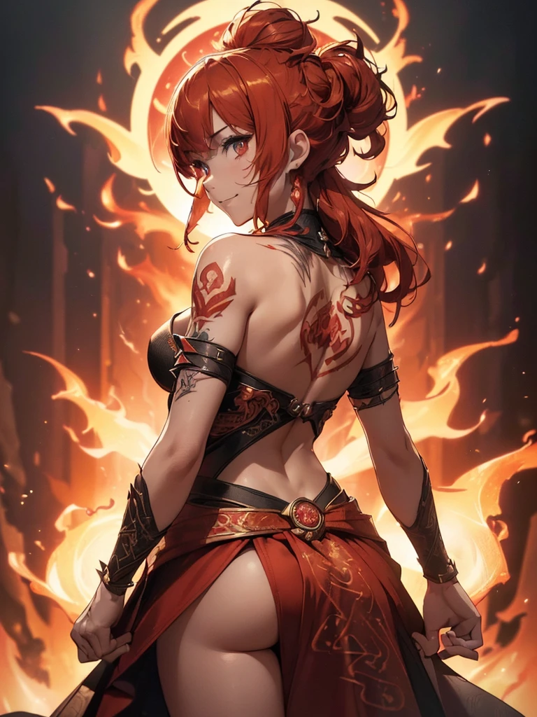 (((best quality, sharp image, clear image, cinematic lighting, 8k resolution, masterpiece, ultra detailed, intricate))) Girl, (((looking over left shoulder))), (shot from behind), fire mage, ((intricate background)), ((chaotic background)), red hair, smiling, ((flame runes, flame sigils)), (tatoo on back), slim figure, flying sigils