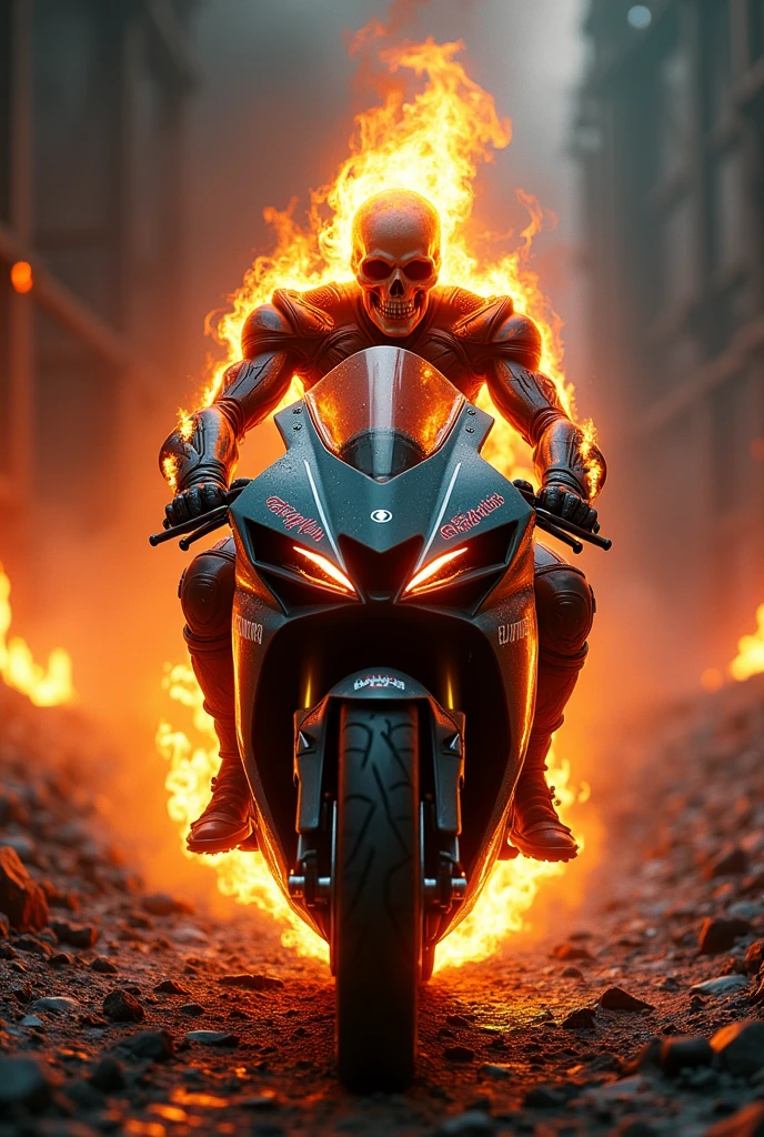 Marvel ghost rider on a fire-engulfed underbone supermoped sportbike. yamaha lc. yamaha 135cc .Malaguti Spectre GP125. kapcai., supernatural lighting, cinematic composition, vibrant colors, dramatic chiaroscuro lighting, highly detailed, 8k, photo-realistic, unreal engine, dark fantasy art. supermoped