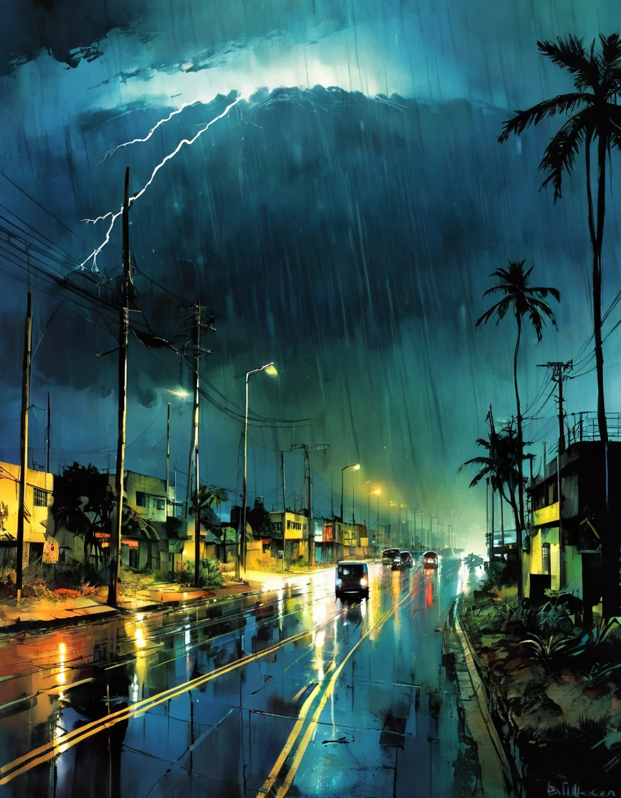 Nairobi landscape, no people, night, under the storm, art inspired by Bill Sienkiewicz and Dave McKean

