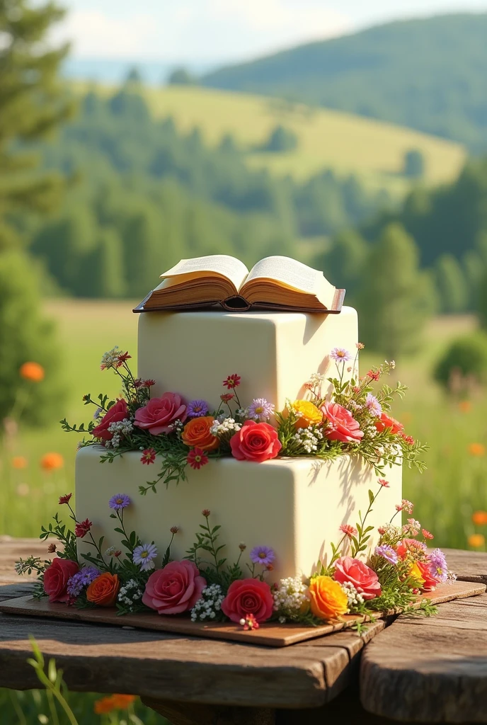 A rectangular, single-tier cake decorated with wild flowers and foliage, Celebrating the first anniversary of a country church. Background with hills and trees and above a small open bible