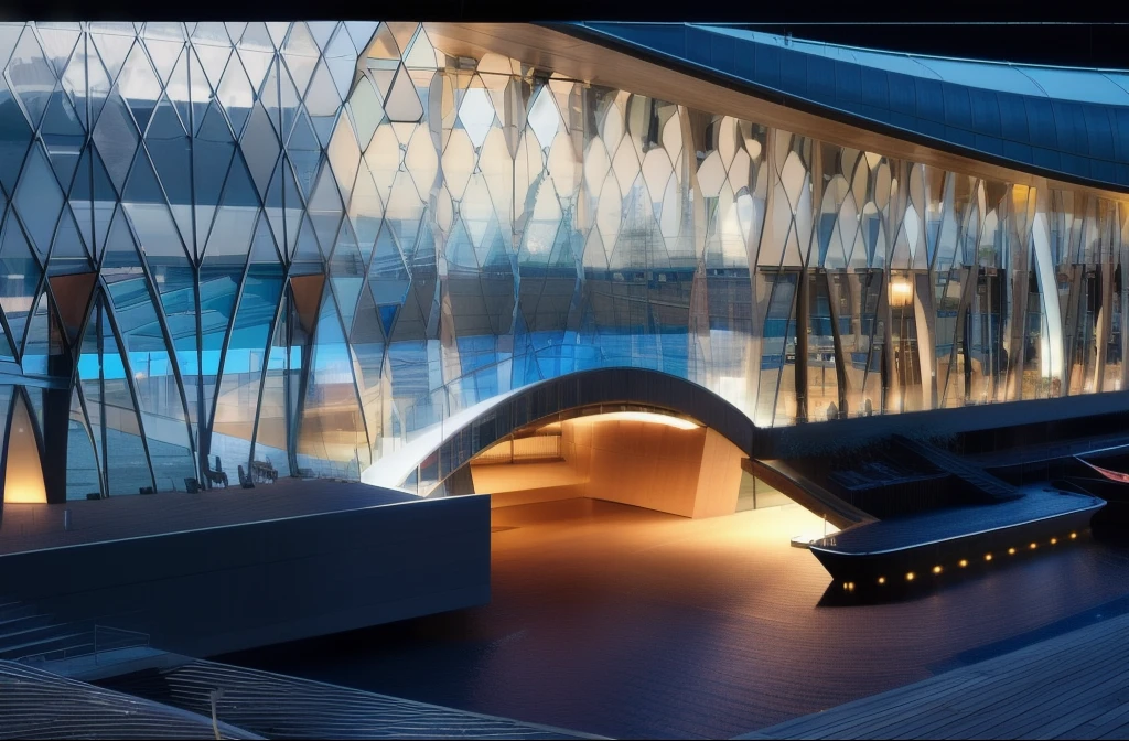 glass facade, curved roof harbor, foster and partners design, warm light from sky-light, warm interior's light, at the waterfront, beutiful water surface font, award winning architecture, night scene, highly detailed, photorealistic, 8k,, mesmerizing reflections on water, serene atmosphere, minimalist modern design