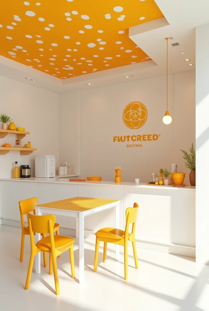 Comptoir et intérieur avec table et chaise d un fast food de fruit moderne couleur blanc et jaune à motif orange
au nom de : SALAMA !
Un petit lieu convivial et attrayant 
