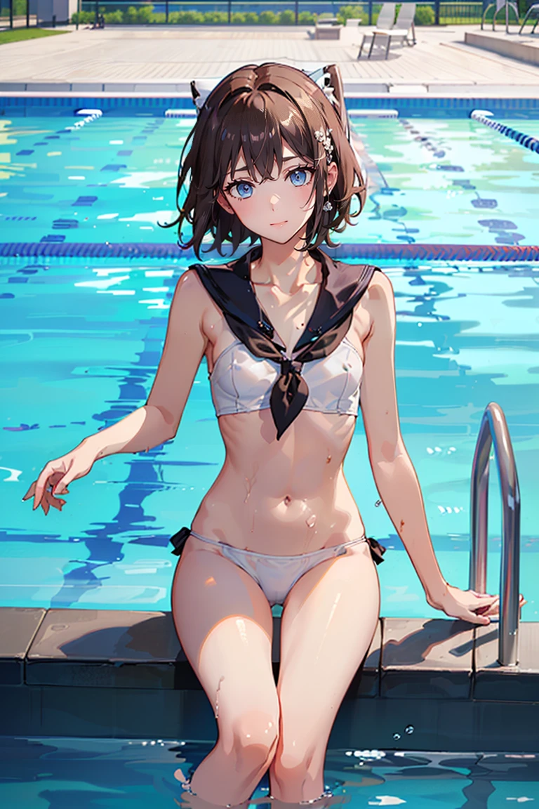 (Liza:1.8),(((High resolution:1.5))), (((Very detailedな:1.5))),BREAK,((7Head to Body:1.3))、(((Beautiful and detailed eyes:1.5))),(((tareme、Three white eyes:1.3)))、 (((Very detailed))), (((Details face:1.5))), (((head:1.1 ))),(((clavicle:1.5 )))、(((Very delicate body:1.5)))、(((Sailor suit:1.5)))、(((Small chest:1.4)))、(((belly button:1.0 )))、(((Waist:1.3)))、(((thigh gap:0.4))),(((Normal limbs)))、 (((Brown Hair:1.3)))、 (((boyish)))、(((short hair:1.5))),(((比基尼:1.5)))、(((Pool:1.3)))、(((Anime-like:1.1)))、fullbody,