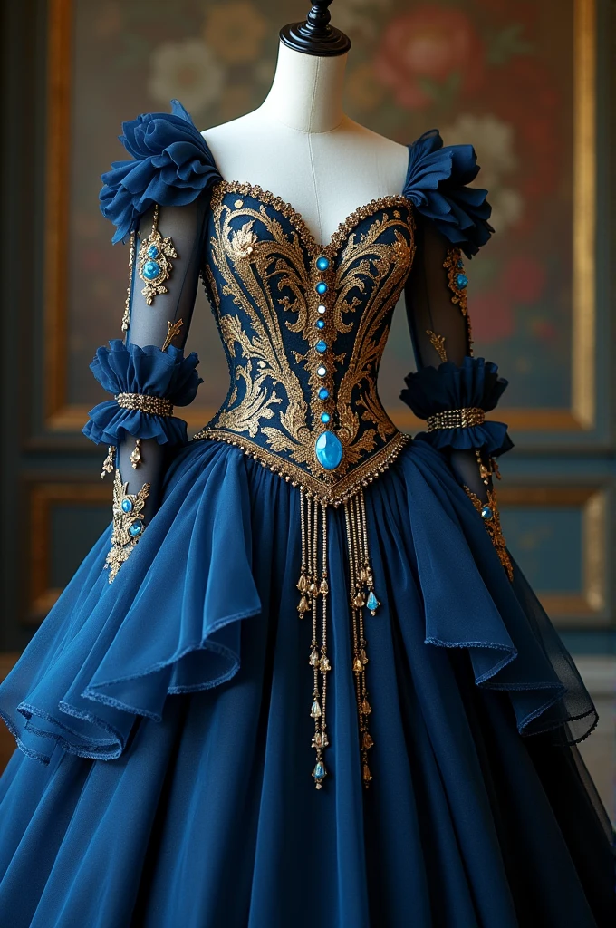 Generates the image of a Victorian and Gothic style 15th birthday dress, Navy blue with gold applications, the skirt that has many layers of tulle in different shades of dark blue, that in these there are different applications in gold such as stones and flowers, gold lace on the edges of some of these, The neckline of the dress is heart-shaped., It has several small stones in the east that make the shape of the bust stand out, also around the entire corset and has more gold stones and a large central one at the lower tip of the corset, On the sleeves they are like fallen tulle and have several blue stones hanging from them (The theme is a masquerade ball so the dress must be very stunning., glamoro, without losing elegance and without looking too rough) The dress is thuggish and the sleeves are short