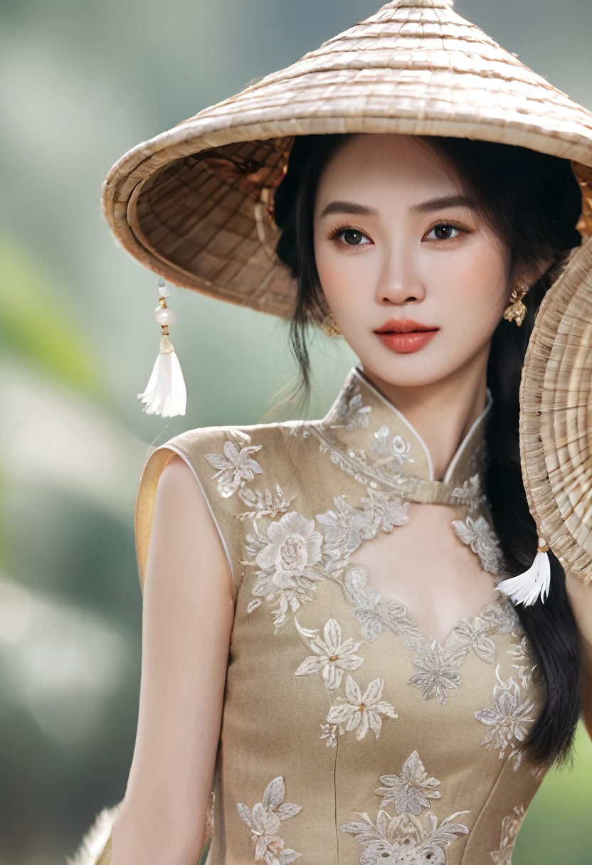 Vietnamese girl in stylist ao dai costume, gorgeous, sophisticated design, bold fashion, impressive figure, oriental Hoi An scene, cool style, magical shimmering, flying petals, detailed face, realistic details, extremely detailed, 8K, super realistic, dynamic pose, cinematic lighting, high vivid, Vietnamese conical hat
