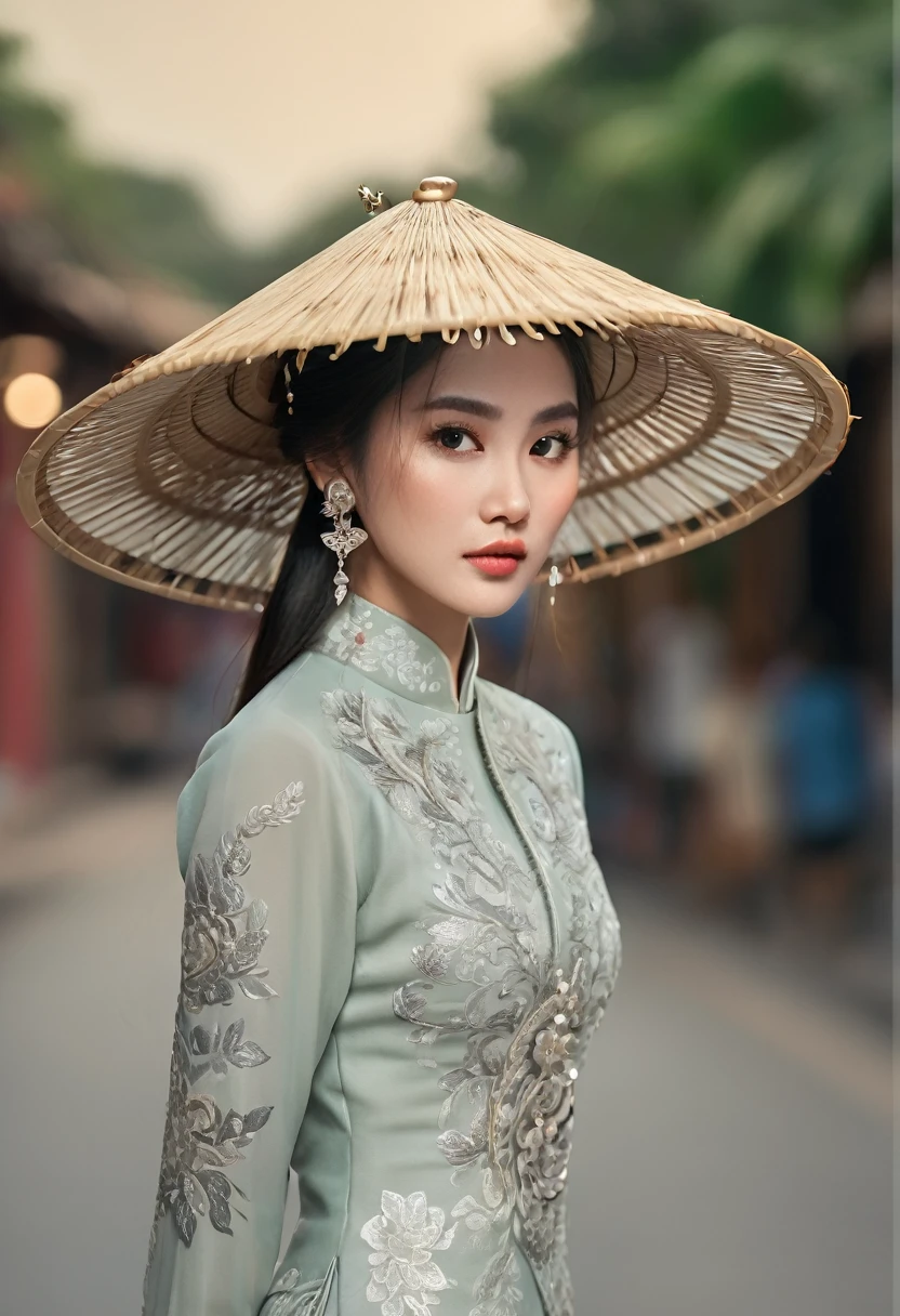 Vietnamese girl in stylist ao dai costume, gorgeous, sophisticated design, bold fashion, impressive figure, oriental Hoi An scene, cool style, magical shimmering, flying petals, detailed face, realistic details, extremely detailed, 8K, super realistic, dynamic pose, cinematic lighting, high vivid, Vietnamese conical hat
