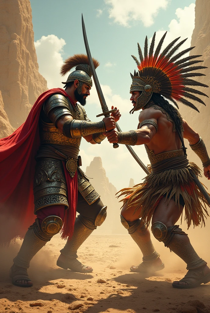 An Ottoman warrior fighting an Aztec warrior 
