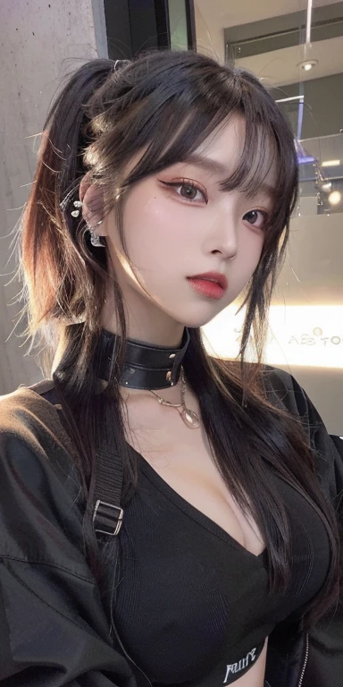 chica anime con cabello negro, collar de cruz y aretes, 1 7 - year - old anime chica gótica, estilo animado 4 k, estilo animadod, retrato detallado de chica anime, obra de arte al estilo de guweiz, chica gótica, estilo animado. 8K, estilo animado, neogótico, chica cyberpunk de pelo negro azabache, chica anime ciberpunk, vibraciones de anime, jisoo from blackpink, popular south korean makeup, quality detailed ,(beautiful makeup :1.2), big, big ass, (best quality, 8K, masterpiece: 1.3), Clear focus: 1.2, Perfect body beauty: 1.4, Very detailed face and skin texture. , detailed eyes, double eyelids, (long hair), having very marked curves, with greater volume in ((breasts)), which makes the waist look much smaller ((wasp waist)).