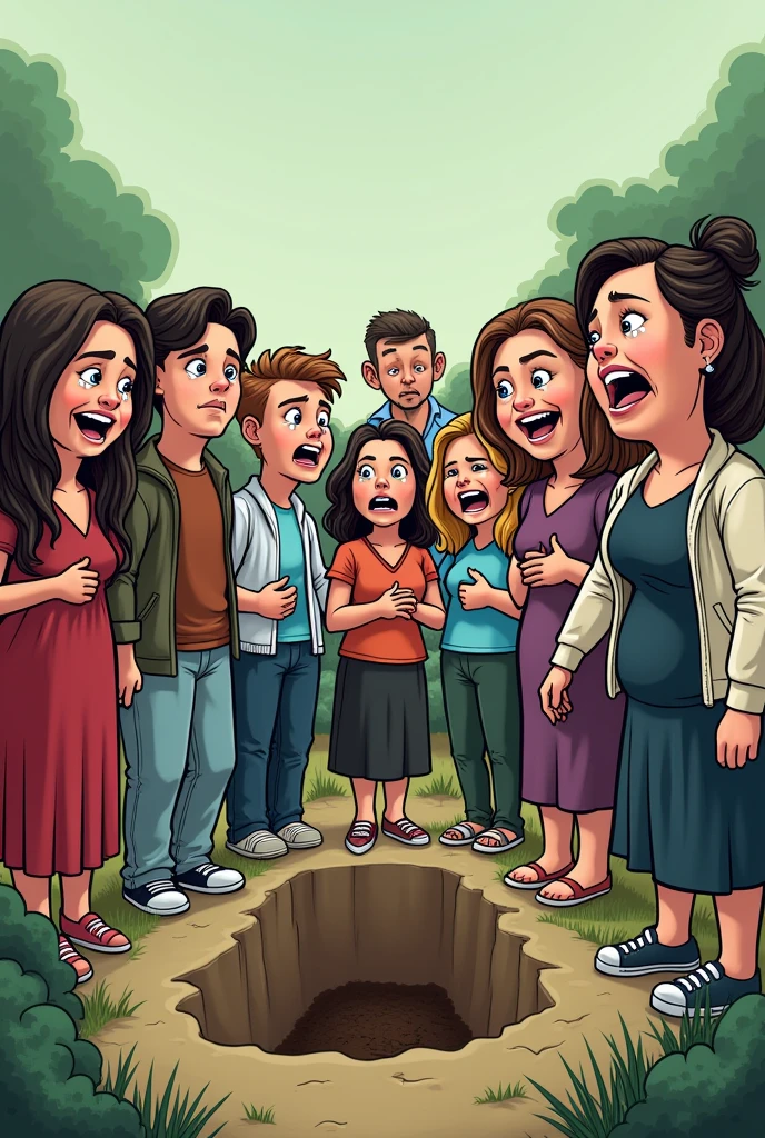People around a grave crying laughing and others confused in cartoon