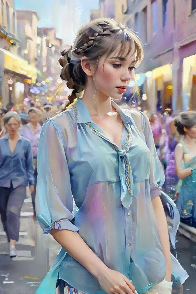 Soft colors, scrubbed color, Painting, water color, paint strokes, muted colors, best quality, photorealistic, 1girl, woman,(skindentation), medium breast, (bright), (professional lighting, bokeh), (street), people, crowds, braided bangs, (blouse:1.5), (portait:0.8), gorgeous, bloom, floating hair, (dynamic pose:0.6) , soft lighting,