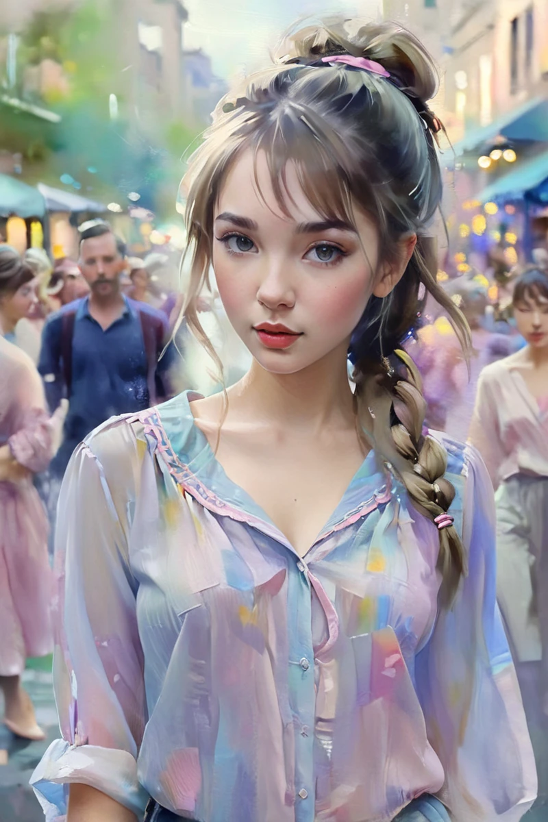 Soft colors, scrubbed color, Painting, water color, paint strokes, muted colors, best quality, photorealistic, 1girl, woman,(skindentation), medium breast, (bright), (professional lighting, bokeh), (street), people, crowds, braided bangs, (blouse:1.5), (portait:0.8), gorgeous, bloom, floating hair, (dynamic pose:0.6) , soft lighting,