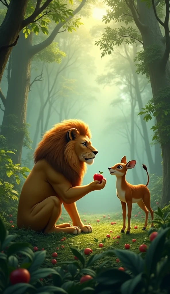 In a dense, misty jungle filled with towering trees and thick undergrowth, a majestic lion sits calmly on a bed of leaves, holding an apple in its paw. The lion's golden fur glows softly in the dappled sunlight filtering through the trees. With an unexpected gentleness, the lion takes a bite of the apple and then, in a surprisingly peaceful gesture, extends a piece of the fruit towards a nearby deer. The deer, timid but curious, cautiously approaches the lion, accepting the offering. This unusual scene of harmony between predator and prey takes place in the heart of the wild, creating a magical moment of tranquility amidst the otherwise untamed jungle.
