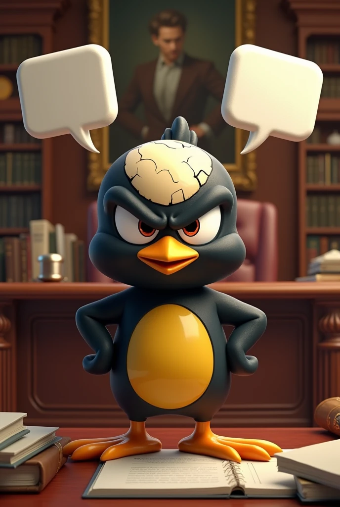 Calimero with an angry attitude, in an aristocratic office, with registered in a chat bubble Shield Shield Shield
