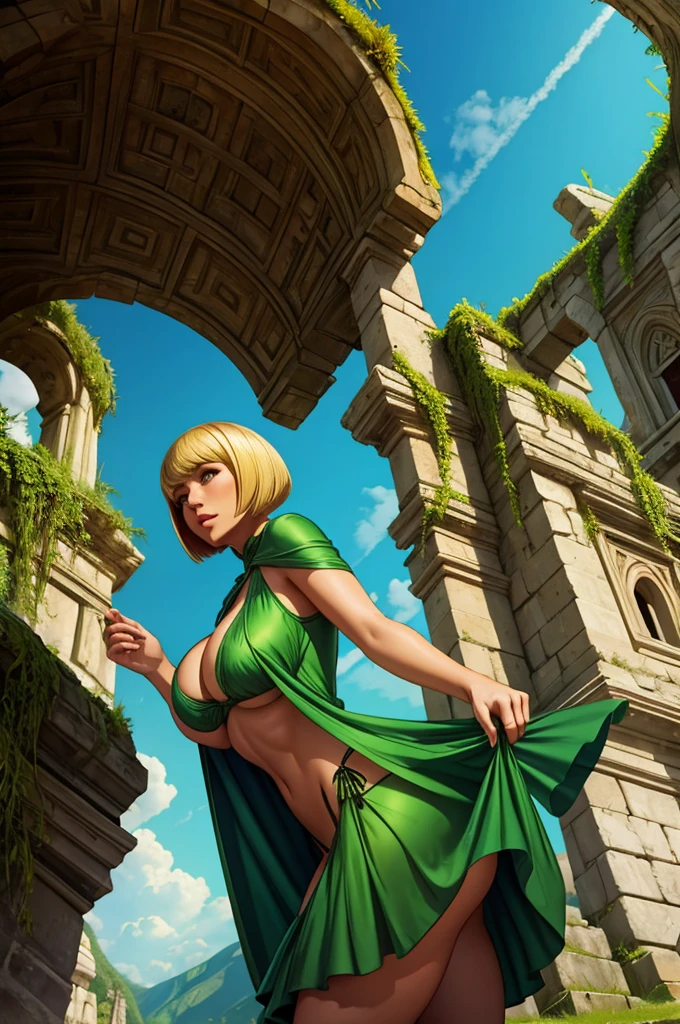 sorceress wearing a green dress and red panties, blonde bobcut, gorgeous woman, ancient overgrown stone ruins, ((low-angle shot))