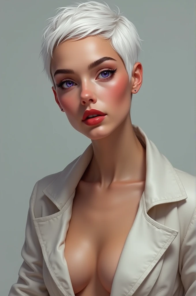 A woman with very short white hair and white eyebrows and eyelashes too, with light brown skin and violet eyes and slightly red lips, with an open coat with a low-cut neckline, she has a young face